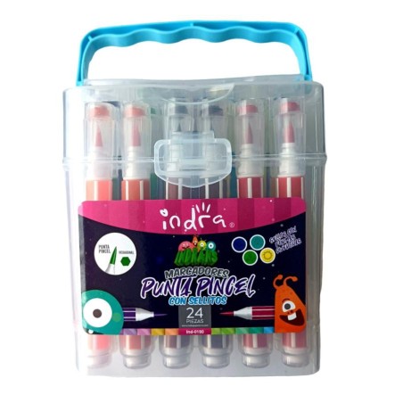 SET DE 24 MINI PLUMONES INDRA PUNTA PINCEL CON SELLO